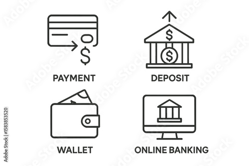 Finance and money linear icon collection. Bank services thin line symbols. Set of vector pictograms for payment, deposit, wallet, online banking, credit card, and e-commerce.