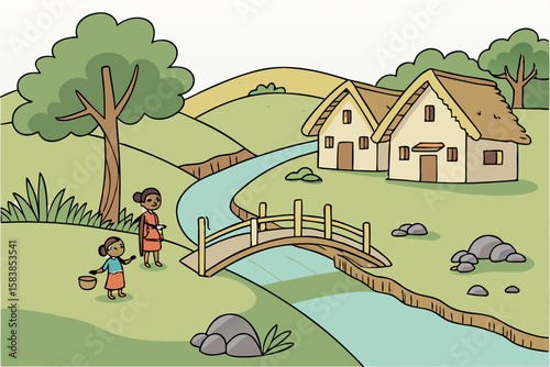 Two girls by a river with thatched roof houses village