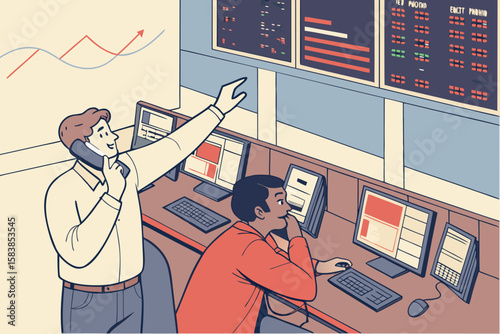 Two men working in a stock market trading room finance