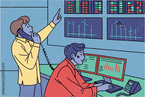 Two men in a trading room with stock market graphs