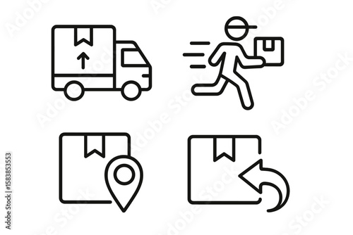 Delivery and shipping line icon set. Logistics service for e-commerce, express courier, order location tracking, and package returns. Transport and freight vector symbols.