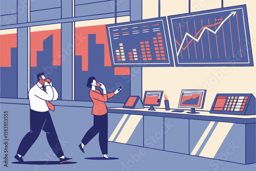 Two people in business attire looking at stock market data displays