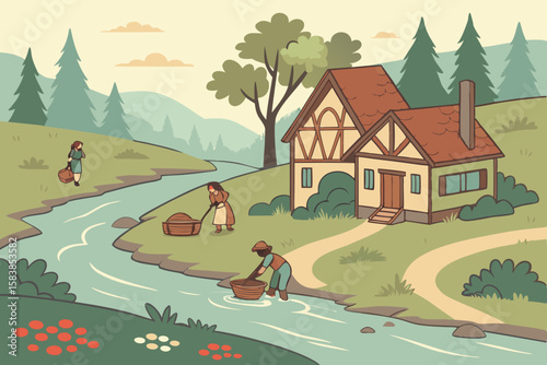 Village life by the river with people washing clothes