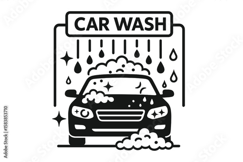 Car wash service vector icon. Auto cleaning and detailing station symbol. Automobile transport being washed with soap foam and water. Shiny clean vehicle concept.