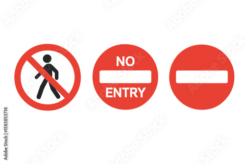 Prohibitory Road Signs Collection: No Pedestrians, No Entry, Stop Symbol, Red Circle White Bar, Vector and Transparent PNG for Traffic Safety, Urban Transport, Regulatory Warning
