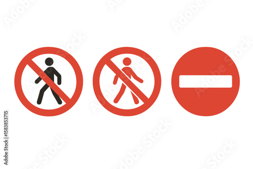 Prohibitory Traffic Signs Set: No Pedestrian Access, No Entry, Stop Symbol, Red Circle with White Dash, Vector Illustration, Road Safety, Urban Street Warning, Transparent Background