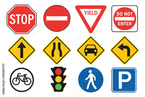 Traffic signs vector illustration collection. Set of isolated road safety symbols. Stop, yield, do not enter, parking, pedestrian crossing, traffic light, bicycle lane icons.