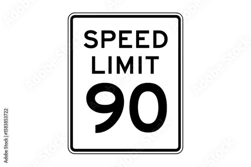 Speed Limit 90 Sign. Printable vector road sign. Black and white regulatory traffic sign with text "Speed Limit 90". Simple illustration for highway, motorway, street safety. Transportation symbol.