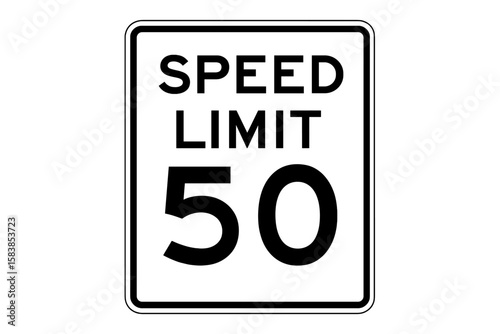 Speed Limit 50 traffic sign. US road and highway regulatory symbol. Vector illustration for driving safety rules and transportation control. Isolated icon on white background.