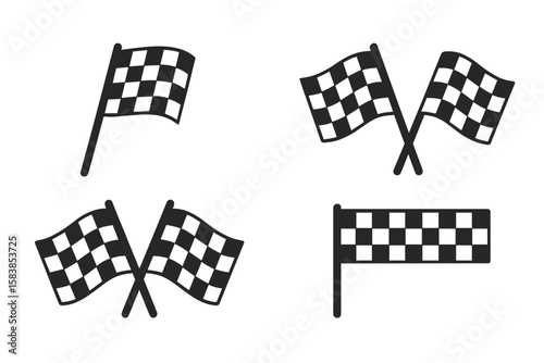 Checkered Racing Flag Icon Set. Black and White Finish Line Flags. Start and Finish Crossed Flags. Motorsport Race Symbol Collection. Game, App, Website UI Elements. Transparent Vector Illustration