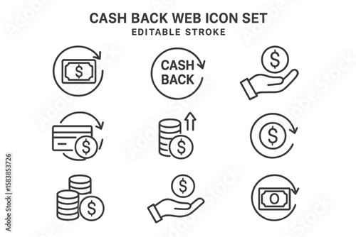 Cash back line icon set. Money return service, financial reward program outline pictograms. Finance, payment, refund, income, profit, savings, transaction vector icons.