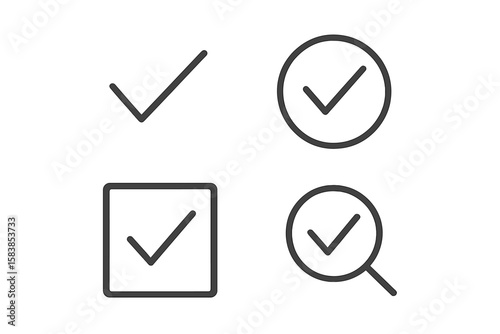 Check mark icon set in thin line style. Vector collection of approve, tick, and correct symbols for web and mobile app UI. Quality check, vote, and confirmation signs.