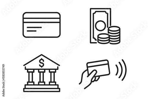 Modern Payment and Banking Line Icons Set. Financial Transactions, Credit Card, Cash, Bank Building, Contactless Payment. Business Finance Web and Mobile App Vector Illustration.