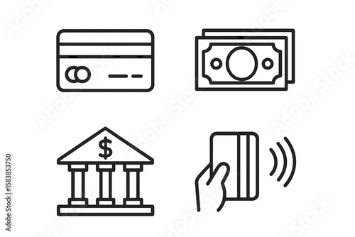 Modern Payment Methods Vector Icons Set. Line Style Credit Card, Cash, Bank Building, Contactless Payment. Financial Transactions, Banking, Money Exchange, Digital Wallet, Mobile App, Business Finance
