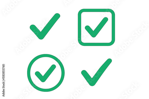 Check mark vector icon set. Green tick symbols for correct choice, acceptance, and approval. Simple okay sign for user interface design, completed tasks, and checklists.