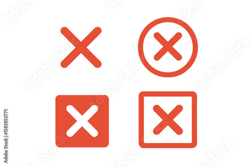 Red Cross Icon Set, Cancel Button Collection, Error Symbol in Circle and Square, Modern UI, Isolated Red X Mark, Vector Illustration, Transparent PNG, Flat Design Elements