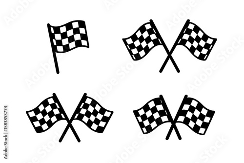 Checkered Racing Flag Icon Set. Black and White Race Flag Symbols. Start and Finish Crossed Flags Collection. Motorsport, Racing Event, Competition, Game, App, Website, Transparent Vector Illustration