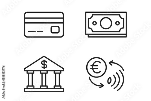 Set of 4 Payment and Finance Line Icons for Web and Mobile Apps: Credit Card, Cash, Bank Building, Currency Exchange, Digital Transaction, Money Transfer, Financial Services, Business Banking
