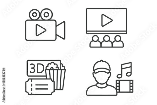 Cinema and movie thin line icons set. Film industry and video production outline pictograms collection. Includes movie theater, camera, 3D glasses, popcorn, and ticket symbols.