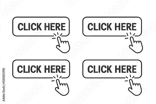 Click here button set with hand cursor pointer icon. Modern vector action buttons for website design. Call to action web element. UI and UX interface graphic symbol.