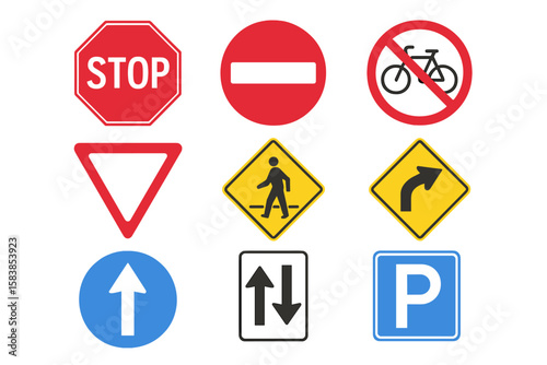 Comprehensive Set of Printable Traffic Signs and Road Symbols. Vector Illustration of Stop, Yield, No Entry, No Bicycles, Pedestrian Crossing, Turn, One Way, Two Way, Parking. Transparent Background.