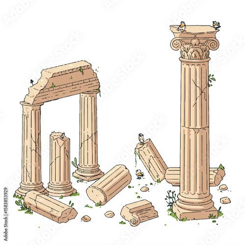 Antique broken Greek columns. Ancient Roman pillar. Building design elements. Cartoon vector illustration