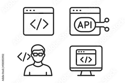 Set of 4 Programming and Coding Web Icons in Modern Line Style. Software Development, API Integration, Programmer, Developer, Code Window, Information Technology, Web and Mobile App Concepts