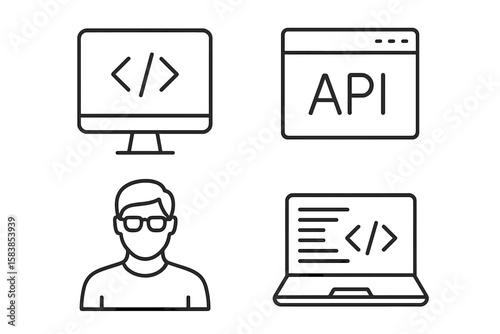 Modern Programming and Coding Line Icons Set – Web and Mobile Development Symbols Including Code, API, Programmer, Developer, Information Technology, Software Engineering, Digital Interface