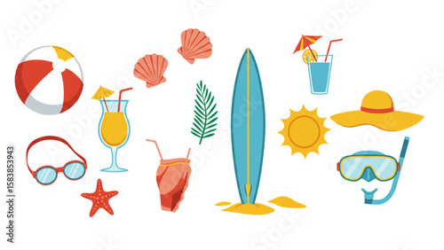 Colorful seaside collection graphic displaying beach essentials, summer activities, and vacation imagery for vibrant designs.