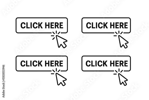 Click here button with hand cursor pointer icon set. Modern vector web buttons for website and UI design. Call to action concept. Linear mouse click symbol collection.