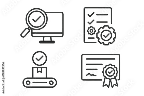 Quality Control and Assurance Icons Set – Line Style Vector Illustrations of Inspection, Evaluation, Certification, Production Process, Quality Check for Web, Mobile App, Manufacturing, ISO Compliance