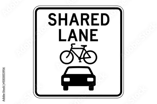 Shared Lane Traffic Sign Vector Illustration, Bicycle and Car Silhouette, Roadway Safety Symbol, Urban Transportation, Multimodal Commuting, Street Marking Design, High-Resolution Transparent PNG