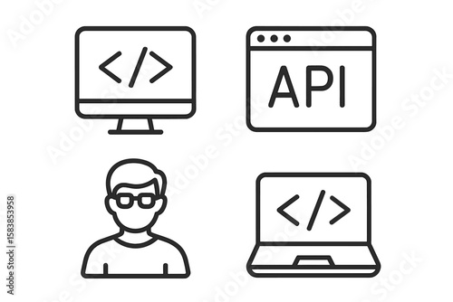 Programming and Coding Line Icons Set. Web Development, API, Software Engineer, Developer, Code Symbol, Information Technology, Computer and Laptop, Vector Outline Icons for Apps and Websites