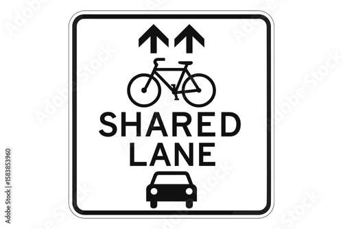 Urban Traffic Shared Lane Road Sign with Bicycle and Car Icons, Black and White Vector Illustration, Safe City Transportation, Street Symbol for Mixed Vehicle and Bicycle Lanes, Modern Transit Concept