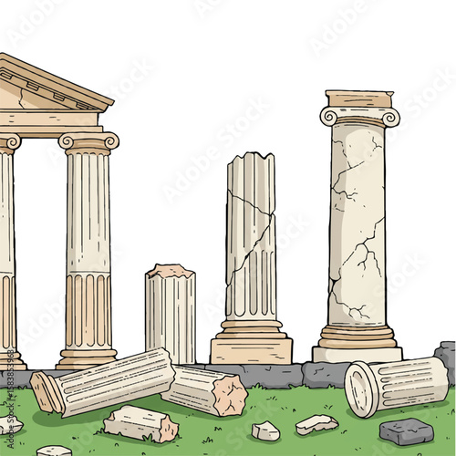 Antique broken Greek columns. Ancient Roman pillar. Building design elements. Cartoon vector illustration