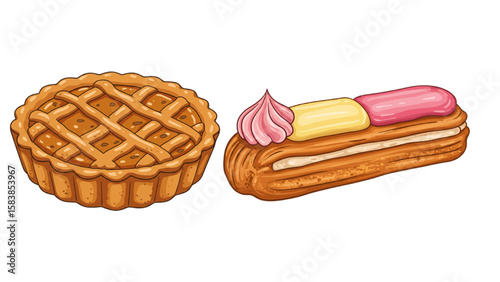 Delightful pastries graphic featuring a tasty fruit tart and a delectable cream-filled eclair, ideal for food-related projects.