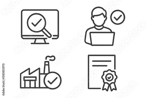 Quality Control and Assurance Line Icons Set. Inspection, Evaluation, Manufacturing Process, Certification, and Quality Check Web and Mobile App Symbols. Modern Thin Outline Vector Illustration