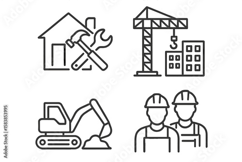 Construction icon set. Building, home repair, renovation, real estate concepts. Vector line icons of crane, excavator, tools, and workers for web, mobile app, UI design.