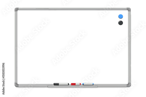 Realistic Office Whiteboard with Magnetic Surface, Clean Empty Board on Transparent Background, Business Presentation Vector Mockup with Markers and Magnets