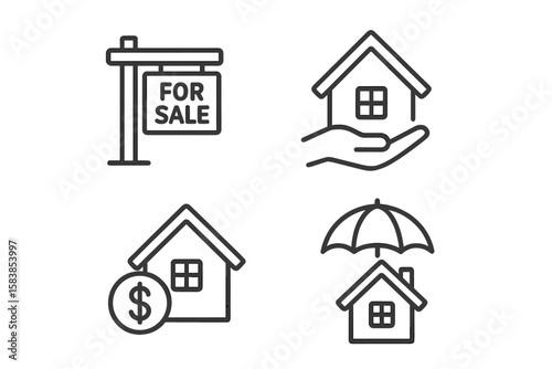 Set of 4 Real Estate Line Icons – For Sale Sign, House in Hand, Property Value, Home Insurance – Web and Mobile App Realty Symbols for Housing, Rental, Purchase, Sale, and Property Protection