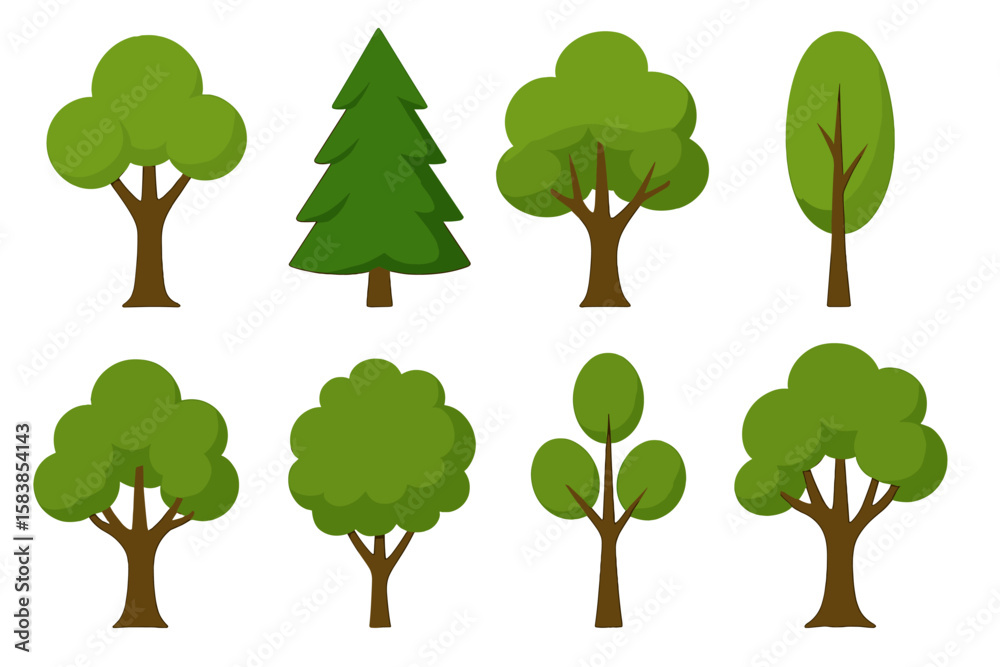 Fototapeta premium Cartoon Green Tree Set. Collection of Stylized Tree Clipart for Animation, Video, Landscape Design. Decorative Vector Illustration. Isolated Nature, Forest, Park Elements. Transparent PNG & SVG.