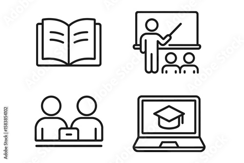Linear Style School and Education Icons Set – Open Book, Classroom Teaching, Student Collaboration, Online Learning, Back to School, Knowledge, Digital Education, Web and Mobile App Design