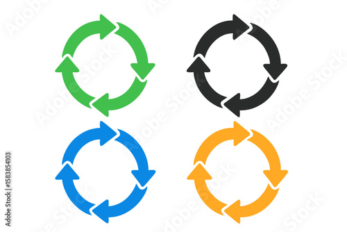 Colorful Circular Arrow Cycle Icons Set. 4 Recycling Loop Symbols. Refresh, Reload, Rotation, Process, Repeat, Recycle, Circular Flow, Cycle, Synchronization, Update, Arrow Pictogram Collection