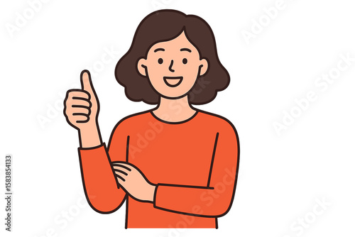 Happy Woman Giving Thumbs Up Gesture. Cheerful Female Character in Red Sweater Smiling and Showing Approval. Positive Expression Cartoon Illustration. Confident Modern Young Woman Concept.