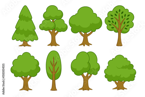 Cartoon Green Trees Set for Animation and Video | Collection of Lush Tree Vector Illustrations for Kids Design, Nature, Forest, Park, Spring, Summer, Game Elements, Transparent PNG Bundle
