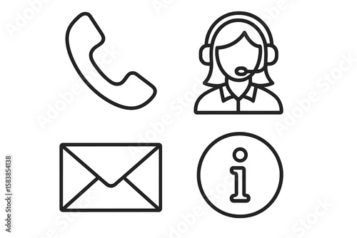 Contact us icon set in thin line style. Customer service and support symbols for web and mobile app UI. Includes phone, mail, operator, and information icons. Vector.