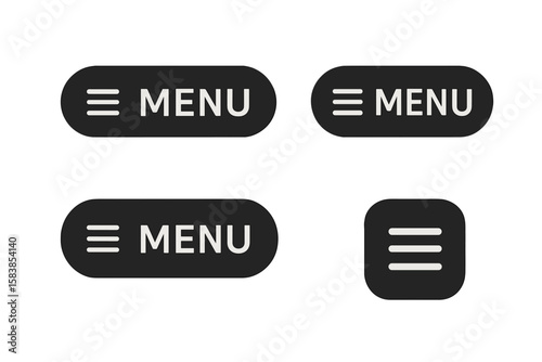 Modern Black Hamburger Menu Button Icon Set for Website and Mobile UI Navigation, Flat Minimalist Web App Navigation Elements, Rounded Rectangle and Square Burger Menu Design Collection