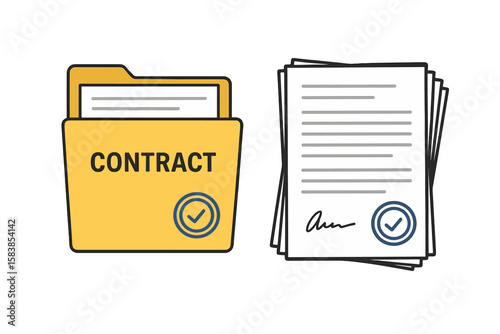 Contract agreement document. Signed paper with signature and approval stamp. Document folder icon. Business deal confirmation. Legal paperwork stack. Partnership concept.