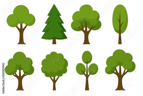 Cartoon Green Tree Set. Collection of Stylized Tree Clipart for Animation, Video, Landscape Design. Decorative Vector Illustration. Isolated Nature, Forest, Park Elements. Transparent PNG & SVG.