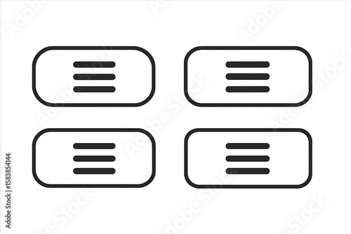 Modern Black Hamburger Menu Button Icons Set for Web and Mobile UI Navigation, Minimalist Rounded Rectangle Design Elements, Flat Vector Collection of 4 Burger Menu Symbols for App Interface